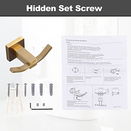 WOWOW Towel Hooks for Bathrooms Gold, SUS304 Stainless Steel Coat Hook, Bathroom Robe Towel Holder, Heavy Duty Robe Hooks, Bathroom Double Towel Hooks for Coats, sponges, Wall Mount - color: Brushed Gold