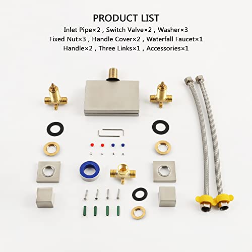 SKOWLL Wall Mount Bathroom Sink Faucet 3 Hole, 2 Handle Widespread Vanity Faucets, Waterfall Tub Filler, Solid Brass Rough in Valve, Brushed Nickel - color: Brushed Nickel