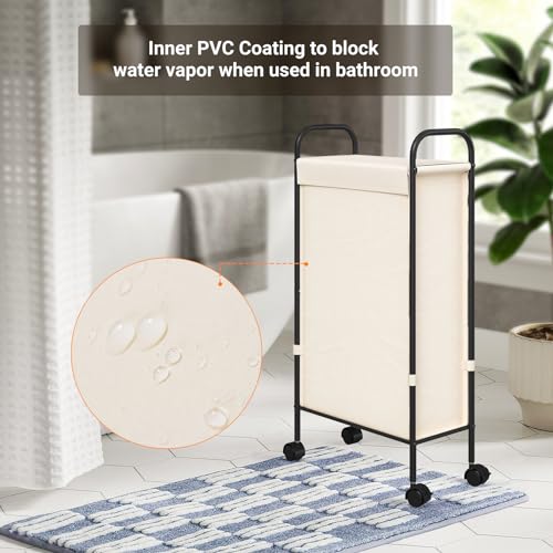ELYKEN Slim Laundry Hamper with Lid & Wheels, 50L Rolling Laundry Basket | 7.9" Narrow Design, 50L, Removable Liner Bag, Lockable Wheels, Space Saving Clothes Hamper for Bathroom, Bedroom, Closet - style: Creamy-50L