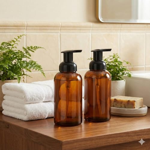 2 Pack Amber Glass Jar Soap Dispenser with Foaming Pump, 13 Ounce Amber Round Bottles Dispenser with Foaming Pump | Foam Soap Dispenser, Stainless Steel Pump, Bathroom Soap Dispenser Set, Home Decor