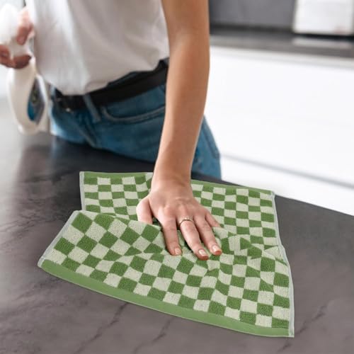 Wash Cloths Checkered 4 Pack (Green) - Cotton Washcloths for Face Body | 13 x 13 Inches Daily Cleansing Kitchen Towels - color: Green
