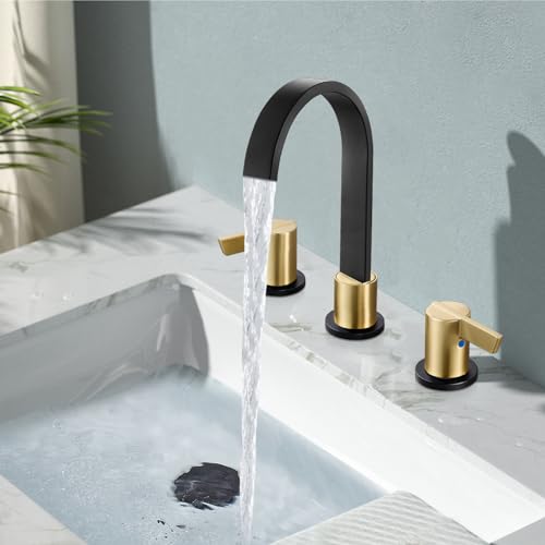 Midanya 8 Inch Widespread Bathroom Sink Faucet 3 Hole,Black and Gold Handle | Waterfall Swivel Spout,2 Handle,SUS304,with Pop Up Drain,cUPC 24" Water Hose,for 6-16” hole distance vanity,RV,Farmhouse Sink - color: Black/Gold Handle