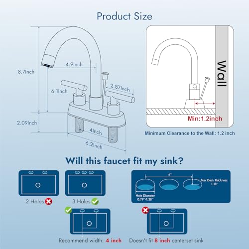 Bathroom Faucet with Lift Rod Drain,4 Inch Centerset 3 Hole,Polish Chrome | Two Handle Lead-Free SUS304 Stainless Steel Bathroom Sink Faucet with Lift Rod Drain & Supply Lines for RV & Farmhouse - color: Polish Chrome