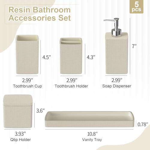 Beige Bathroom Accessories Set 5 Pieces, Resin Toothbrush Holders Set Complete with Soap Dispenser, Toothbrush Holder, Vanity Tray, Bathroom Tumbler and Qtip Holder for Small Spaces - size: 5 Pcs Bathroom Set, style: Beige