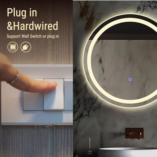 KOSTA 20 Inch Round LED Bathroom Vanity Mirror with Lights Dimmable Memory Function Touch Button Shatter-Proof Wall Mount Lighted Mirror - size: 20"L x 20"W