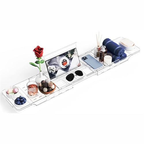 Luxury Clear Acrylic Bathtub Tray with Book Holder,Expandable Bath Tray for Tub and Bath Shelf Over Tub,Plastic Bath Table & Board,Bath Caddy Trays & Accessories for Women Relaxing Spa Gifts - size: L - (33.1 to 41.4 in)