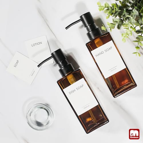 GMISUN Amber Glass Soap Dispenser, 2 Pack Hand Soap Dispenser Bathroom, 12 fl oz/350ml Dish Dispenser Set for Kitchen, Glass Liquid Dispenser with Stainless Steel Pump, Brown Soap Dispensers Bottle - color: Amber Bottle + Black Pump