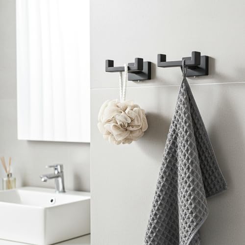 3 Pcs Angle Simple Double Towel Hook, Stainless Steel Shower Double Robe Coat Hooks for Wall, Hand Towel Holder for Bathroom Wall Livingroom Bedroom Kitchen Closet (Black)