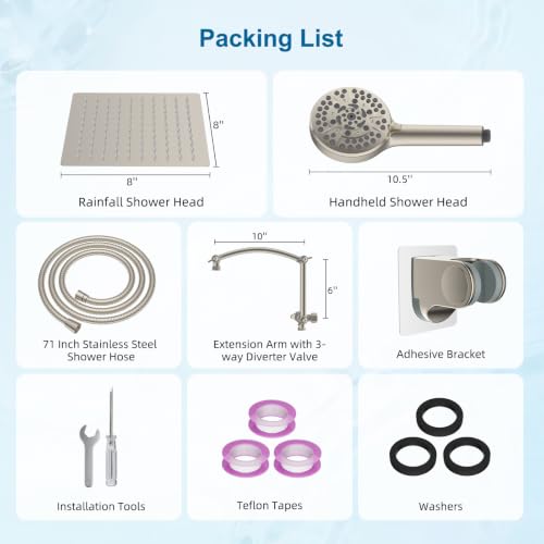 Hibbent All Metal 8" High Pressure Rain Shower Head Combo, Brushed Nickel | cUPC Certified Rainfall Shower Head with handheld 10 Sprays, 16'' Adjustable Extension Arm, 71'' Hose, Showerhead Holder - color: Brushed Nickel, style: Square 8''