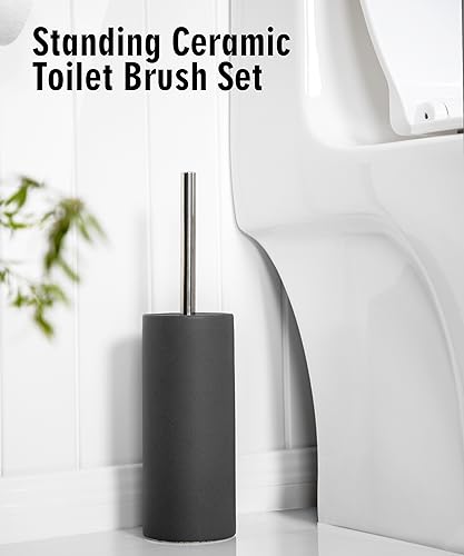 Matt White Ceramic Toilet Brush and Holder Set | Durable Bristles Non Scratch Toilet, Long Stainless Steel Handle, Freestanding Toilet Bowl Cleaners Brush - color: Matt White, size: Set/1