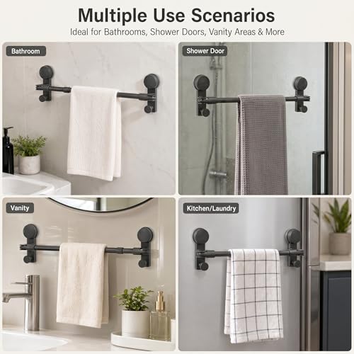 Suction Cup Towel Bar for Smooth Shower Walls, No Drill Adjustable Towel Rod 15.7-27.5 in, Rustproof Aluminum with Strong Vacuum Hold, Gray