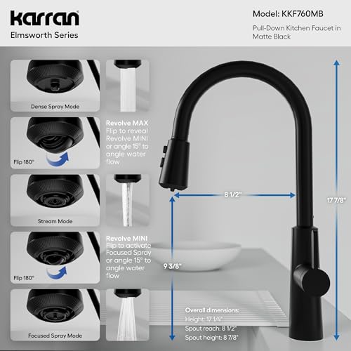 Karran Elmsworth Commercial Style Pull-Down Kitchen Faucet with Dual Interchangeable Spray Heads 5-Function Revolve MAX & 3-Function Revolve Mini Aerator High-Arc Spout (Matte Black) - color: Matte Black
