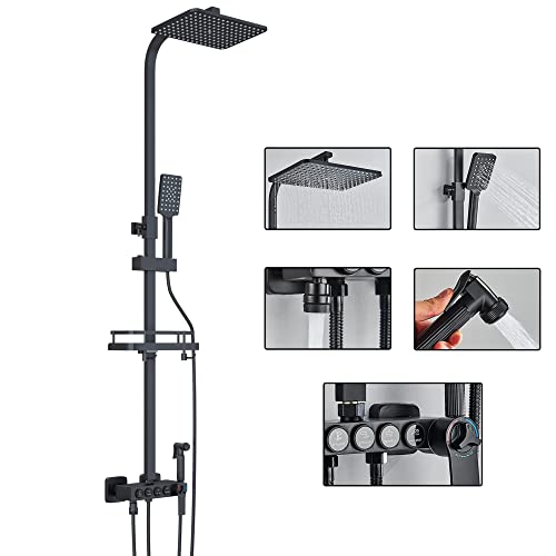 Shower System Matte Black Bathroom Thermostatic Shower Faucet Set with Tub Spout,Shower Head,3 Functions Hand Sprayer,Bidet and Shelf Rain Outdoor Shower Fixtures Kit Wall Mounted