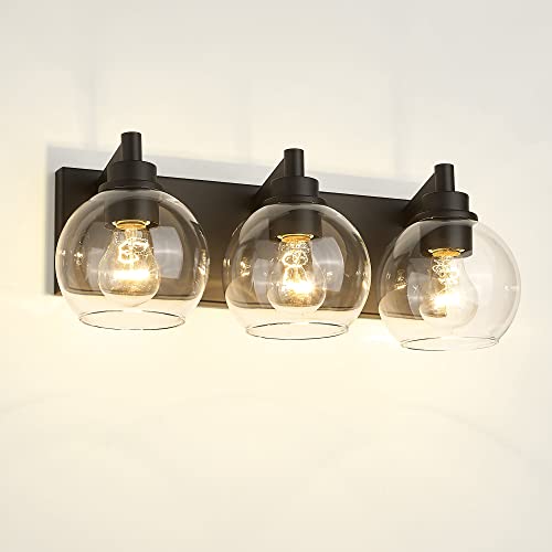 Bathroom Light Fixtures, 3-Light Matte Black Vanity Light, Modern Wall Sconces with Clear Glass Globe Shade, Bathroom Wall Lights for Mirror Kitchen Bedroom Hallway, VL195-MB-3 | 18" modern bathroom light fixtures over mirror, E26 base, bulbs not included