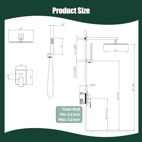 Gabrylly Rain Shower Head with Handheld Spray Combo, 10", Matte Black | All Metal Shower System, High Pressure Rainfall Shower Faucet Set, Solid Brass Shower Valve Complete Shower Set for Bathroom - color: Matte Black, size: 10 Inch