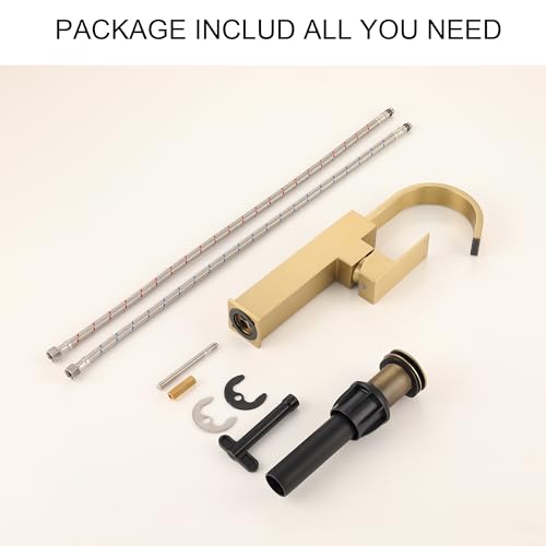 Brushed Gold Vessel Sink Faucet, Single Handle Tall Bathroom Faucet,Waterfall Bathroom Faucet Single Hole Lavatory Vanity Tap Single Hole Bar Sink Faucet with Pop Up Drain and Supply Lines,SL50044BG - color: Brushed Gold, size: Tall