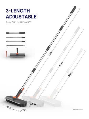 Floor Scrub Brush with Long Handle & Squeegee, 3 in 1 Floor Scrubber | Stiff Dual-side Bristle, 360° Swivel Head with Tweezer, for Cleaning Tile Wall Deck Bathroom Patio Garage Pool Kitchen (Gray) - color: Gray