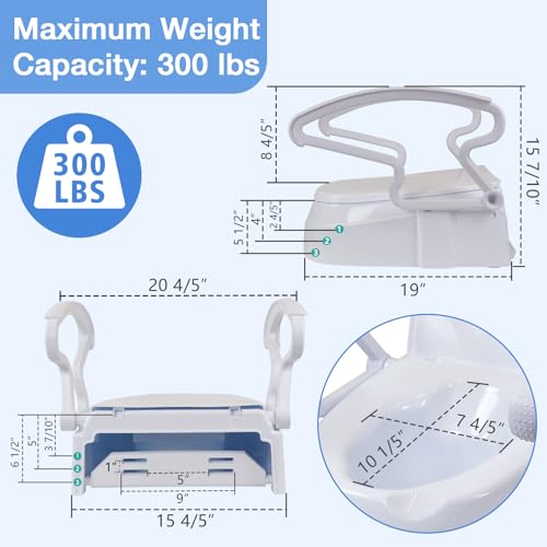 Raised Toilet Seat with Handles for Seniors, 3-Level Height Riser | with Lid, Flip-Up Arms, Fits 15.5"-19" Standard & Elongated Toilets, Secure Rear Lock, Supports 300 lbs, Easy Install