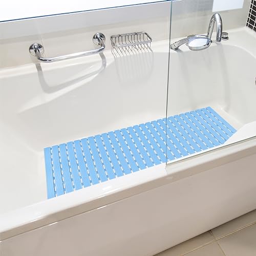 BEMISO Shower Mat Non Slip Bathtub Mat 37.4 x 15.7 Inch Bath Mat for Tub | Suction Cups,Drain Holes,Easy Dry,Easy to Cut,Eco-Friendly - color: Blue, size: 37.4 x 15.7 inches