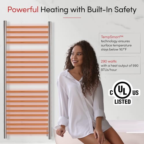 WarmlyYours Vida Heated Towel Rack, 21 Bars, Polished Steel | Wall-mounted hardwired electric towel warmer, 304 stainless, even heat distribution, spa comfort for large bathrooms