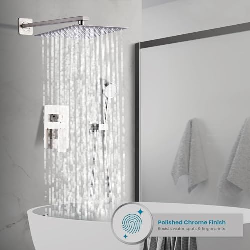 Brushed Nickel Rainfall Shower Head, Wall Mounted 10 Inch Shower Heads with Handheld Spray Combo, Luxury Bathroom Square Rain Shower System, Solid Brass Pressure Balancd Shower Faucet Valve - color: Brushed Nickel, style: 10 Inch