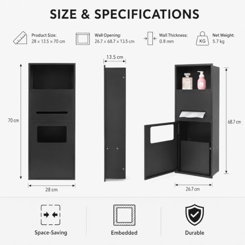 Recessed Toilet Paper Holder, Stainless Steel Shower Nich, Waterproof Bathroom Niche, Built-in Hidden Trash Can Tilt Out Trash Bin Cabinet for Kitchen Living Room Bedroom Hotel Residential (Black) - color: Black