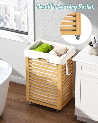 Laundry Hamper, 22.7 Gallon (86L) Bamboo Wood Clothes Laundry Basket with Wheels and Handles, Removable Liner - color: Natural