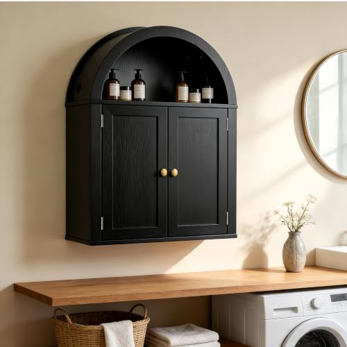 Bathroom Wall Cabinet with LED Light, Over The Toilet Storage Cabinet, Arched Bathroom Cabinet Wall Mount with 2 Doors & Adjustable Shelves, Above Bathroom Sink Cabinet for Laundry Kitchen (Black) - color: Black