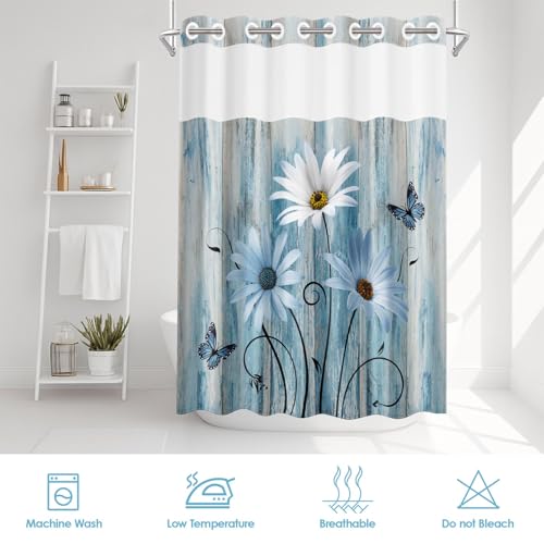 No Hook Shower Curtain with Snap in Liner 54x80 Inch Daisy Floral | Wooden Rustic Blue Modern Double Layers Waterproof Fabric with See Through Top Window Open Grommet Bath Curtain - color: Blue Daisy 2, size: 54"W x 80"L (Pack of 1)