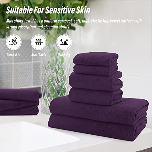 MOONQUEEN Ultra Soft Microfiber Coral Velvet Towel Set - Quick Drying - 2 Bath Towels, 2 Hand Towels, 2 Washcloths - Plum, 6 Pcs - color: Plum