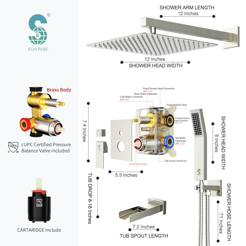 SR SUN RISE 12 Inch All Metal Square Shower System with Tub Spout, Tub Shower Faucet Set, High Pressure Rain Shower Head and Handheld Sprayer Shower Fixtues, Valve Included, Brushed Nickel - color: Brushed Nickel, size: 12 Inch