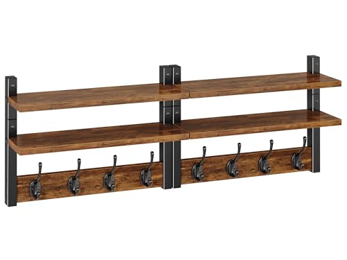 Double Shelf Coat Rack Wall Mount with 8 Hooks, Rustic Brown HWS009H-2 | Wooden Coat Hanger Key Holder Wall Mount for Coats Hats Keys - Wood Wall Mounted Coat Rack with Shelf for Entryway & Bathroom - color: Rustic Brown