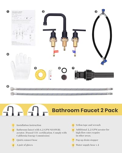 WOWOW Black Bathroom Faucet 3 Hole, Widespread Vanity Sink Faucets 8 Inch | Copper Inlet Faucet for Bathroom Sink with Swivel Spout, 2 Handles Lavatory Tap with Drain and cUPC Supply Line (Set of 2) - color: Black x 2, style: Upgrade-8 Inch