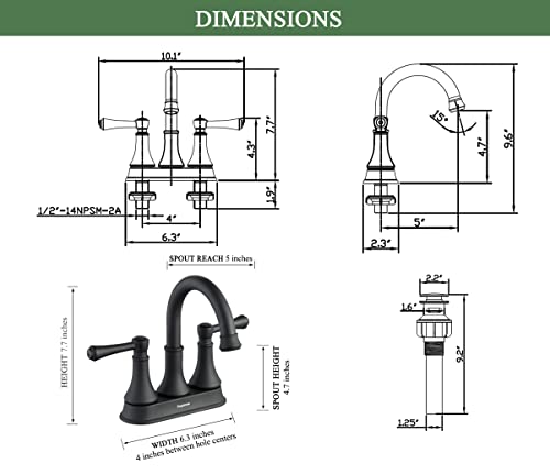 TimeArrow Matte Black Bathroom Sink Faucet for 3 Holes with Pop-up Drain | High Arc Modern 2 Handle 4 Inch Bathroom Faucet, Vanity Lavatory Faucet with 360° Swivel Stainless Steel Spout, TAF067Y-MB - color: Matte Black-067Y