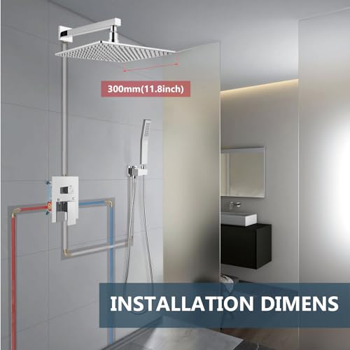 Aolemi Shower Faucet Set with Valve Handheld 12" LED Head Polish Chrome | Handheld Spray,12 Inch Rain LED Head,Valve and Trim Kit,All Metal,Wall Mount Shower System,Bathroom Mixer - color: Chrome, size: 12 Inch LED Shower Head