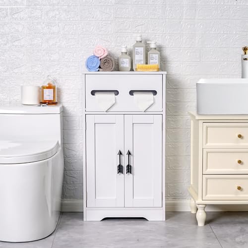 VECELO Bathroom Storage Cabinet, Freestanding Floor Organizer with Double Doors and Adjustable Shelf, Waterproof Wooden Cabinet for Bathroom, with Flip Drawer - size: With Flip Drawer