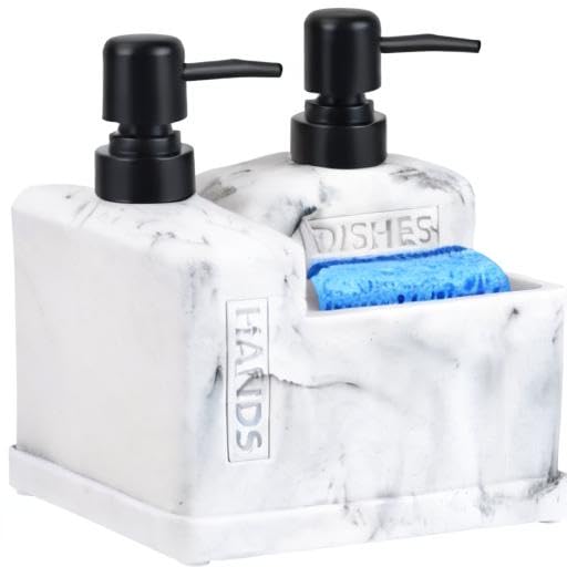 Kitchen Hand Soap and Dish Soap Dispenser Set,Dual Soap Dispenser with Sponge Holder 3-in-1 Organizer for Kitchen Sink,Bathroom,Useful Kitchen Gadgets - White Marble Look - color: 3 in 1 - White Marble Look