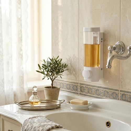 4 Pcs Manual Bathroom Wall Mounted Soap Dispenser, 300ml White Kitchen Bathroom Commercial Shower Clear Refillable Soap Dispenser Clear Plastic Refillable Liquid Lotion Pump and Organizer - color: White