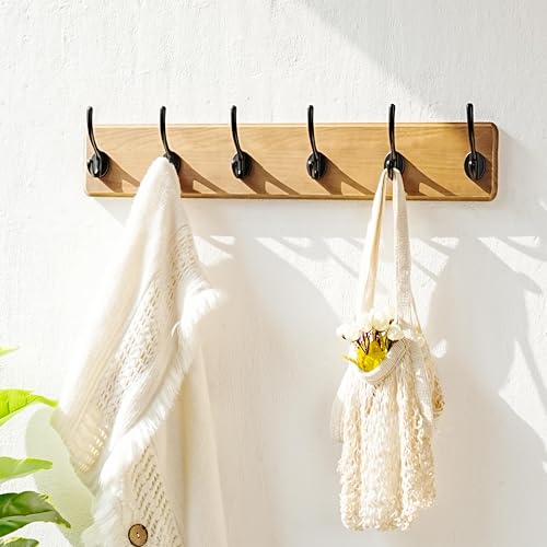 Wall Mounted Coat Rack: 24" Long, Patented, Heavy-Duty, 6-Double-Hooks Wooden Hanger Rail for Winter Coats, Hat, Jacket, Clothing - Weathered Brown, Pack of 2 - color: Weathered Brown & Black, size: L=24"(2pcs)