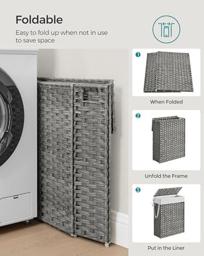 SONGMICS Slim Laundry Hamper with Lid, 14.5 Gallon (55L) Rattan Clothes Laundry Basket with Lid and Handles, Foldable, Removable Liner, Dove Gray ULCB164G01 - color: Dove Gray, size: 55 L