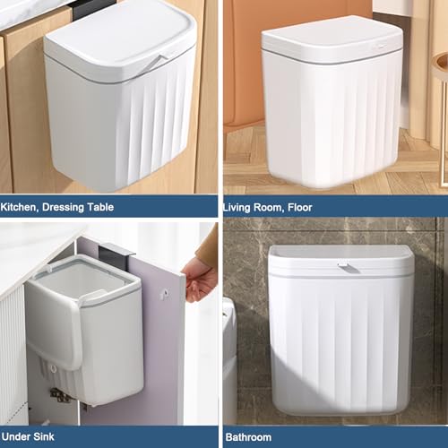 Kitchen Compost Bin Cabinet Hanging Small Trash Can with Lid 2.4 Gallon | Food Waste Bin for Counter Top Under Sink Rv Wall Mounted Bathroom Trash Can - color: ivory white