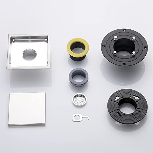 6 Inch Shower Drain Square Brushed Nickel,with Adjustable Drain Flange Kit Base PVC, Removable Grid Strainer Cover and Invisible Floor Insert, SUS304 Stainless Steel - color: Brushed Nickel