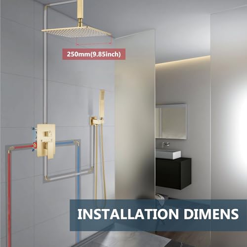 Aolemi Ceiling Shower Faucet Set with Handheld 10" LED Head Brushed Gold | Handheld Spray,10 Inch Rain LED Head,Shower Valve and Trim Kit,All Metal,Ceiling System,Bathroom Mixer - color: Gold, size: 10 Inch LED Shower Head