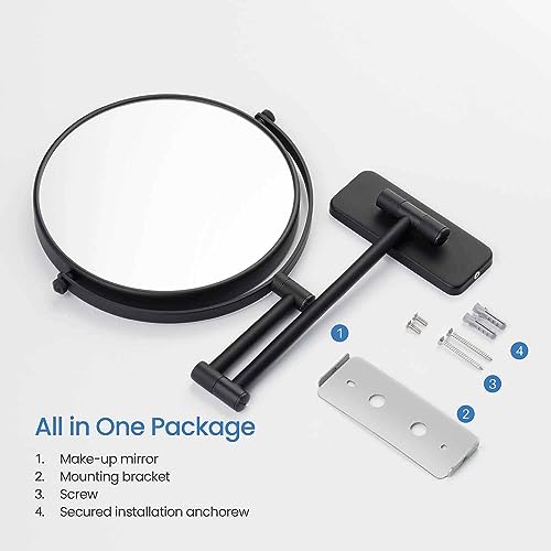 Circular Wall Mount Makeup Mirror, Dual-Sided 1x/5x Magnifying Mirror with Extendable Arm, 360° Swivel, Solid Brass Construction for Durability and Style (Matte Black - KMM100) - color: Matte Black