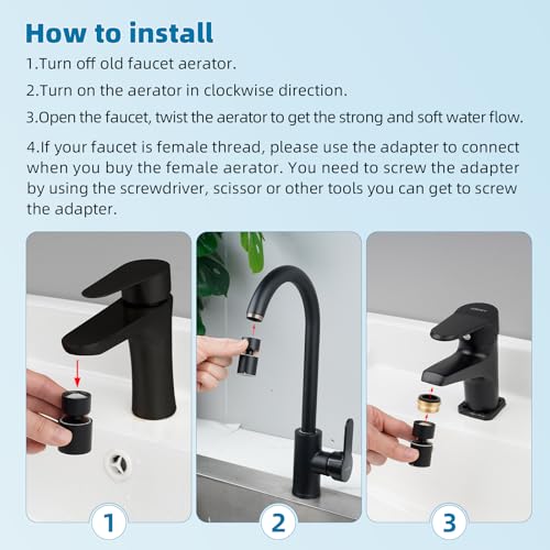 Hibbent NSF/ANSI/CAN 61 & cUPC Certified Faucet Aerator, Matte Black | 360° Twist Kitchen Sink Aerator, Dual-function Sink Sprayer Attachment, Faucet Replacement Part 55/64'' Female Thread - color: Matte Black, style: Classic 360 Degree Faucet Aerator
