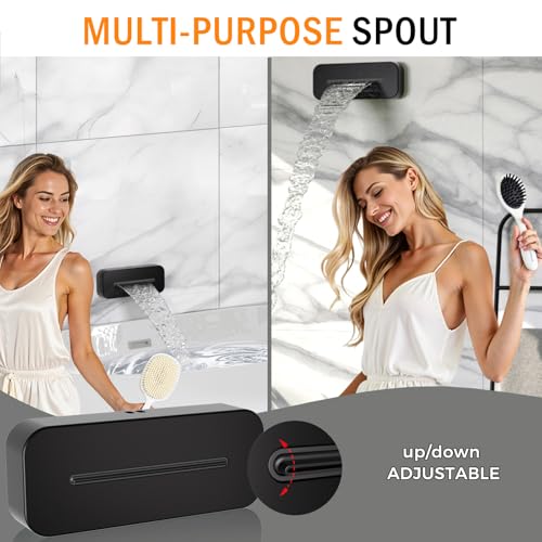 Thermostatic Digital Dual Rain Heads Tub Shower System Can Run Together | Matte Black 4-Way Shower Faucts Set with Waterfall Spout, 12" Rainfall + 6" Tilted Shower and Brass Handheld - color: Matte Black, style: 12” + 6" + Spout