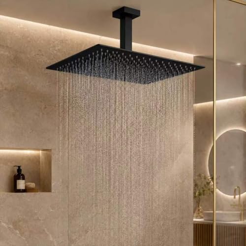 Black Rainfall Shower Head BSTIIU 16 Inch Square Ceiling Mounted Showerhead, Ultra Thin Stainless Steel Overhead Shower Head, Matte Black - color: Matte Black, size: 16-Inches, style: Square