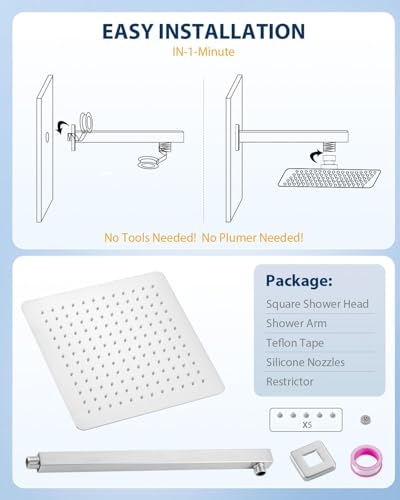 All Metal Rainfall Shower Head with Extension Arm Brushed Nickel, 12" Large Rain Square Showerhead with 16" Shower Arm All Stainless Steel, 144 Silicone Nozzles Waterfall Full Body Coverage - color: Brushed Nickel