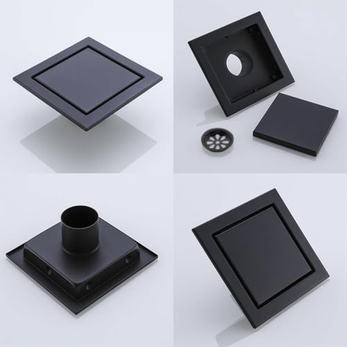 RANDOM Black Shower Drain Square with Removable Tile Insert 6 Inch Drain Cover and Hair Strainer,SUS 304 Stainless Steel Matte Black Shower Floor Drain - color: D-matte Black-6″ Square