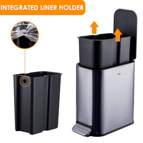 RED FACTOR Slim 1.3 Gallon Stainless Steel Pedal Trash Can with Soft Close Lid for Narrow Spaces – Small Wastebasket Bin with Removable Inner Bucket (Metallic Grey) - color: Metallic Gray